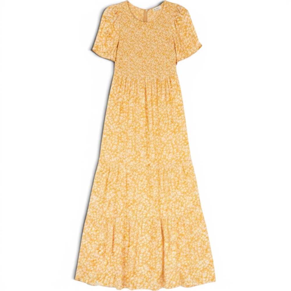 In Loom Maxi Dress Womens Large Yellow Floral Smocked Tiered Boho Cottagecore
